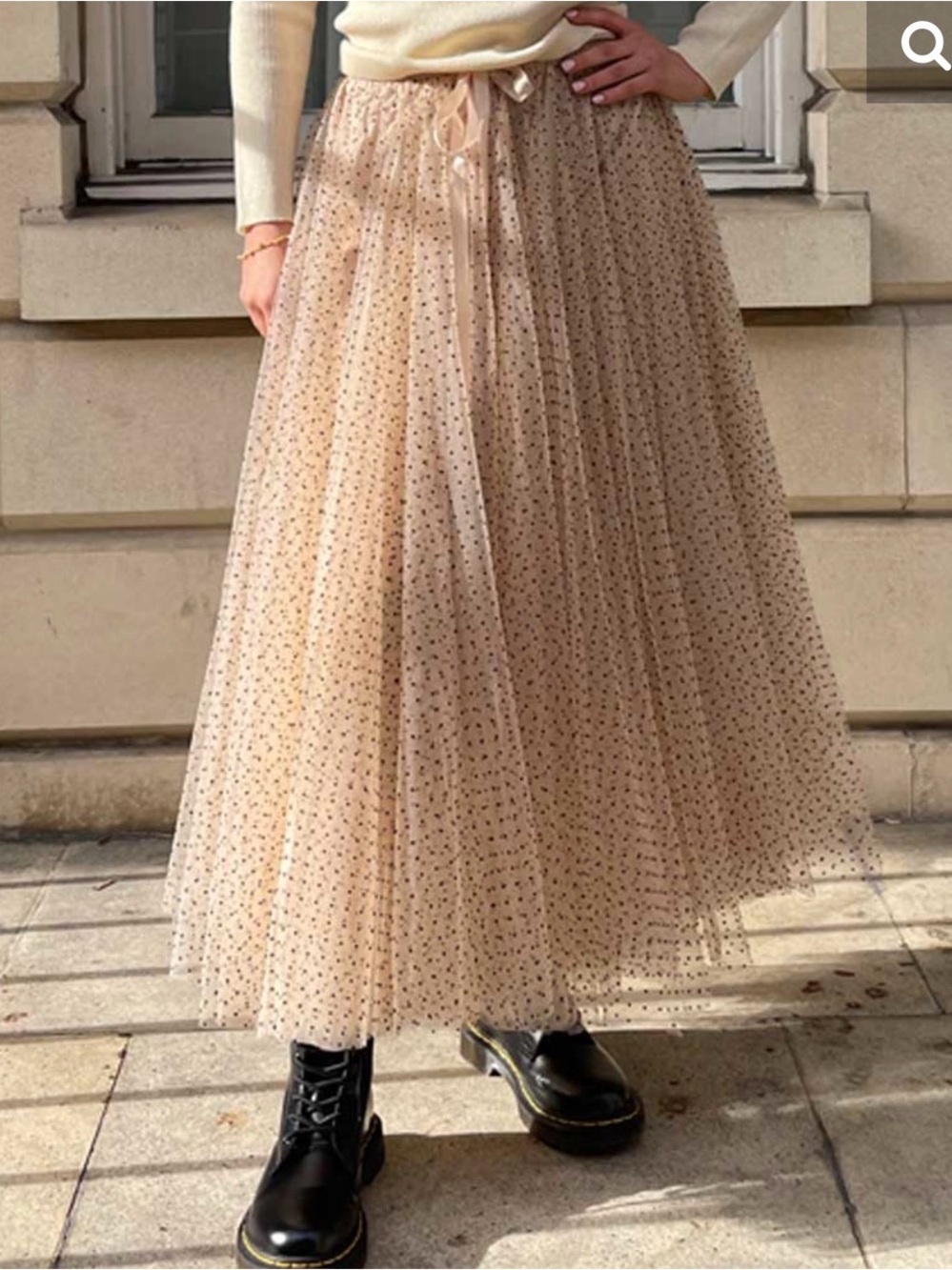 Tulle Polka Dot Skirt Midi Beige and Black Choklate S - Picture 2 of 12